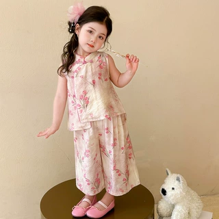 女童夏季新款洋气2026新中式国风套装女宝宝夏装背心阔腿裤两件套