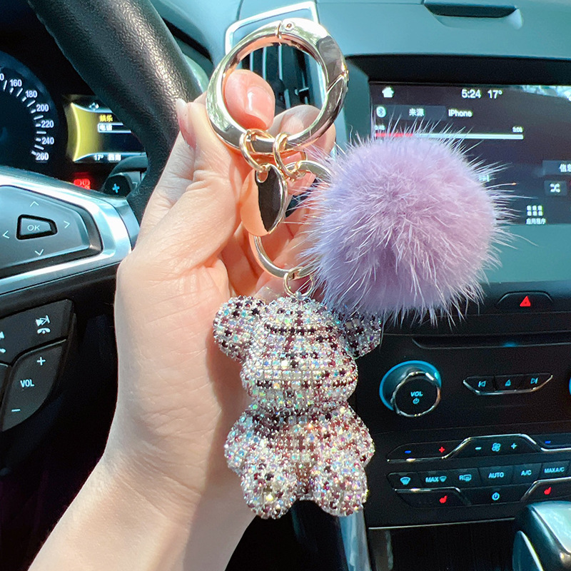 Nuevos productos de moda lindos viento gran botón redondo visón completo diamante osos llavero creativo pareja llavero colgante regalo
