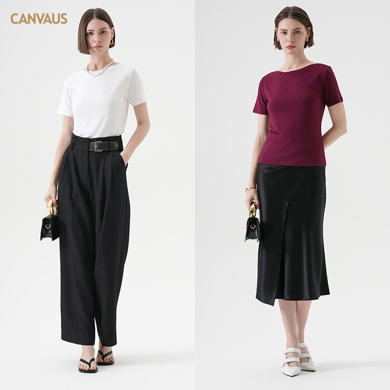 CANVAUS verano simple y suave camiseta glutinoso para mujer nueva versión coreana de color sólido cuello de una línea casual de manga corta jersey para mujer