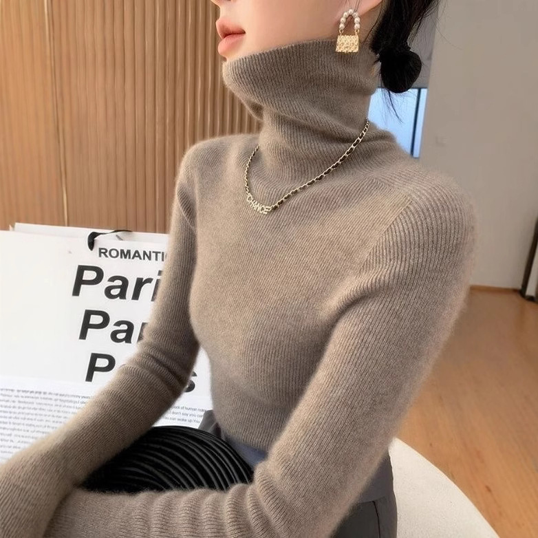 轻奢高档毛衫秋冬新款百搭针织衫堆堆领高领打底毛衣修身加厚绒衫