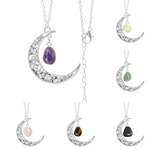 European and American natural crystal raw stone necklace retro alloy moon necklace female niche Amazon foreign trade jewelry wholesale
