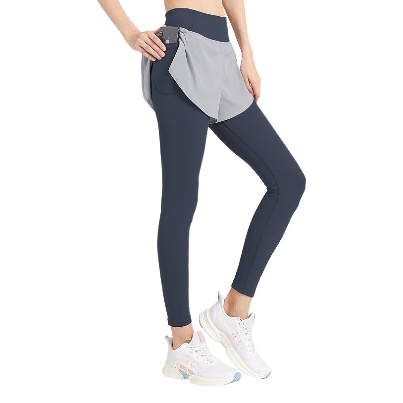 Desnudo falso de dos piezas pantalones de fitness cintura alta de las mujeres Levantamiento de cadera apretado flaco yoga pantalones corriendo estiramiento deportes pantalones recortados