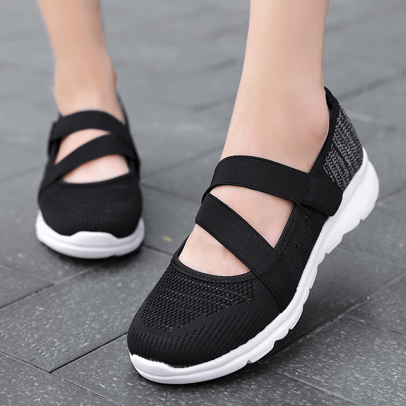 Wish new breathable flyknit mesh women's shoes, soft-soled, non-slip, flat, slip-on, shallow-toe, single shoes, sizes 35-42