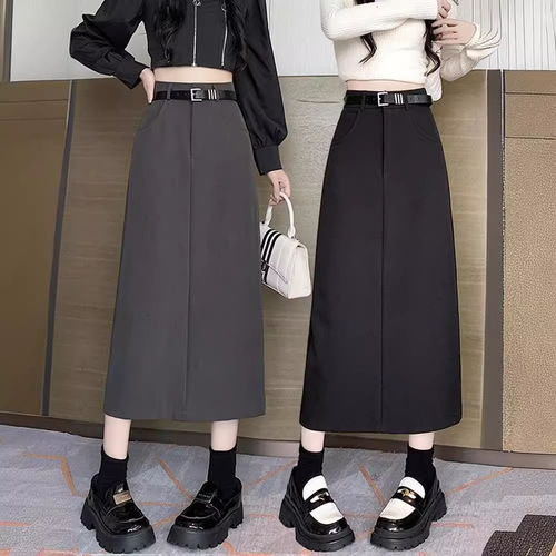 Women's Black Suit Skirt Spring and Autumn High-Waisted Slimming A-Line Skirt with Slits Elegant and Versatile