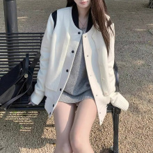 海德公园毛织羊毛呢料拼皮双层棒球服女士早秋气质纯色高级感外套