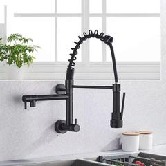 Cross-border wall-mounted spring faucet single cold kitchen multi-function swivel double outlet pull-out tap