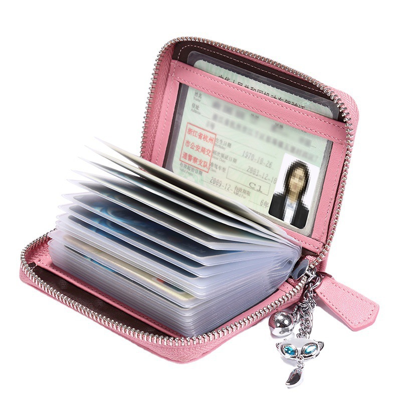 Tarjetero Faman para mujer con múltiples posiciones de tarjetas, titular de tarjeta de visita con cremallera de cuero, funda de tarjeta de crédito, tarjetero de piel de vaca, tarjetero coreano