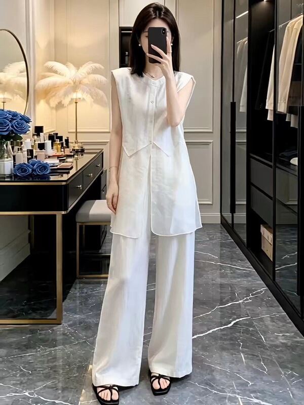 Korean-Style Light Luxury Lazy Style Set 2026 Summer New Model Spliced Chiffon Sleeveless Wide-Leg Pants Stylish Two-Piece Set