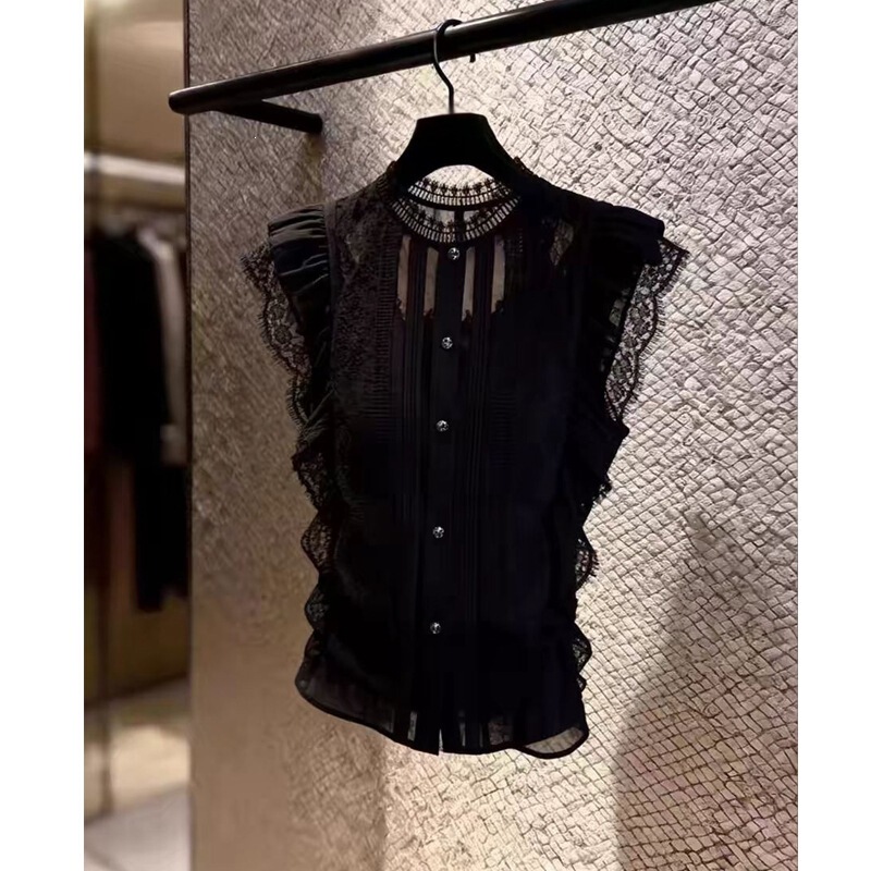 French-Style Black Lace Patchwork Blouse with Small Flutter Sleeves for Women, 2026 Summer New Design, Elegant and Mature Style Shirt French-Style Black Lace Patchwork Blouse with Small Flutter Sleeves for Women, 2026 Summer New Design, Elegant and Mature Style Shirt