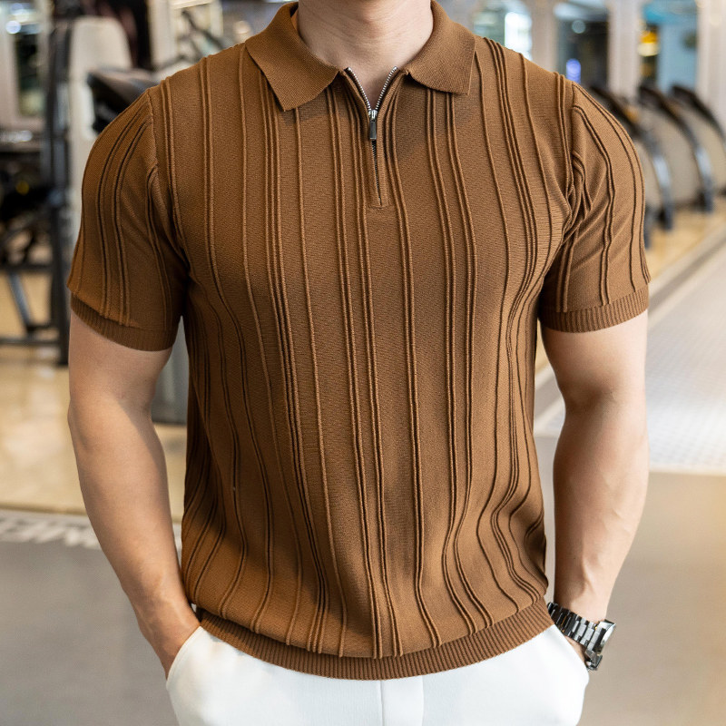 Polo camiseta de punto camiseta de manga corta hombre solapa media cremallera rayas viejas camisetas de hielo de viento de verano fábrica transfronteriza al por mayor
