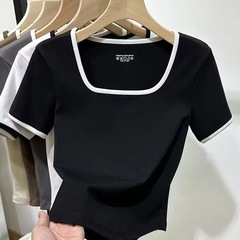 レディース韓国風Uネック右肩ストライプ半袖Tシャツレディース新作夏太った女の子万能お腹カバーショートトップ