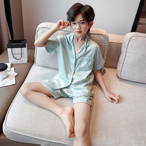 Summer thin set of boy's ice silk pajamas for middle and large children, two-piece summer short-sleeved shorts home wear for boys