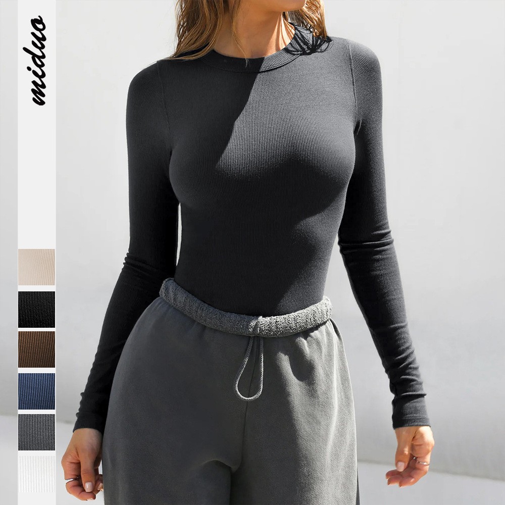 2025 New Y2K Clothing Ribbed Round Neck Long Sleeve T-Shirt for Women, Base Layer, Slim Fit, Regular Shoulder, Trendy Top, Pure Desire