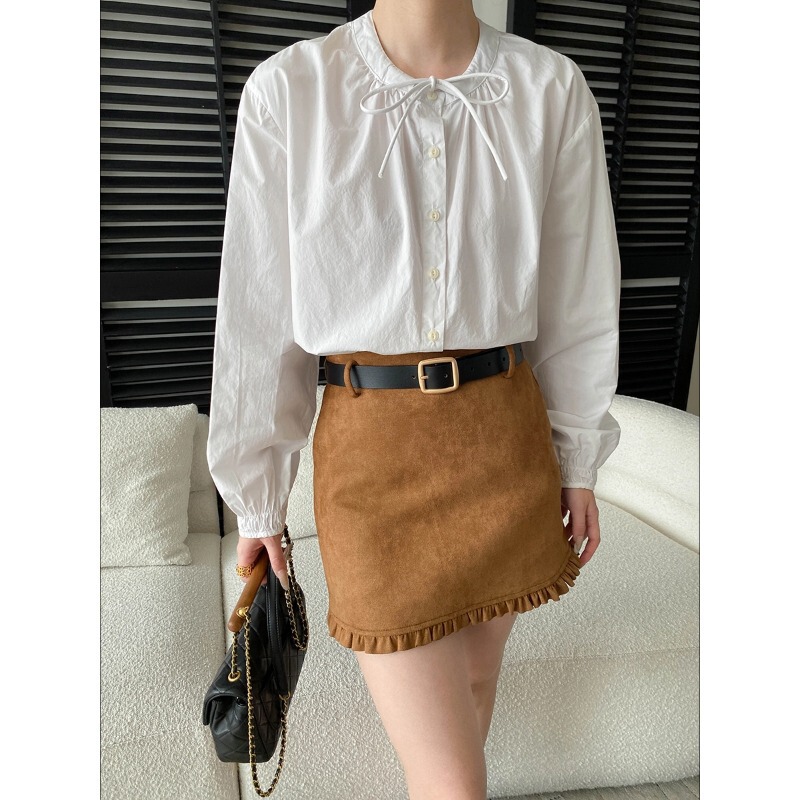 Sinan Early Spring New Style French High-End Lace-Up Round Neck Loose Slimming Cotton Long-Sleeve Shirt Sn8657