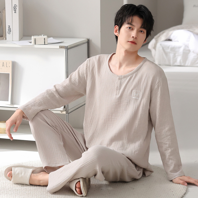 Double-layer gauze 100% cotton men's pajamas, long-sleeved, long-pants, pullover, spring and autumn, round-neck, casual home wear set Double-layer gauze 100% cotton men's pajamas, long-sleeved, long-pants, pullover, spring and autumn, round-neck, casual home wear set