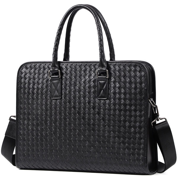 Túi xách nam da bò thật dệt tay cao cấp 40×13×29 cm, túi đeo vai công sở — Màu đen