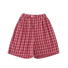 日系森女风复古红色格子设计感刺绣贴布麻棉短裤中裤女多巴胺穿搭
