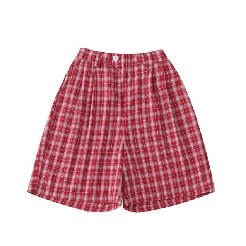 日系森女风复古红色格子设计感刺绣贴布麻棉短裤中裤女多巴胺穿搭