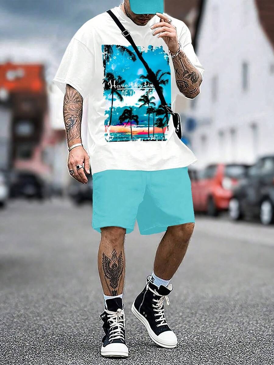 Diseño de personalidad patrón de letras de dibujos animados verano nuevo estilo calle ropa casual suelta traje de hip-hop americano ME13