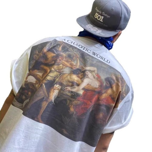 Printed Youth Loose Fit Chinese Trend Crew Neck 2025 Half Sleeve Base Shirt T American Direct Spray Retro Five Finger Sleeve