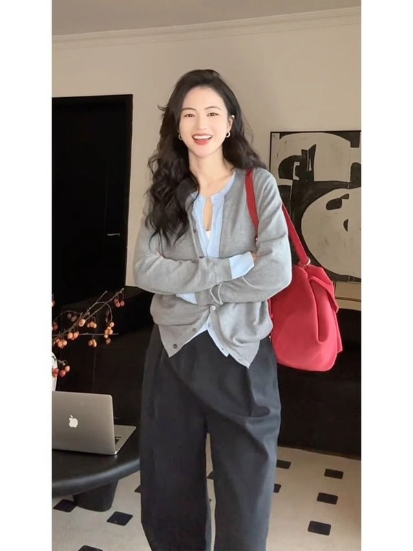早秋新款韩系假两件套慵懒针织衫毛衣开衫高级感小个子气质上衣|undefined