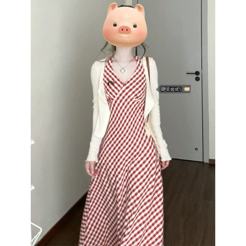 Корейская версия чистого стиля юбка с подтяжкой женский летний горячий дизайн девушка чувствует длинную юбку на шею снаружи носить солнцезащитный кардиган