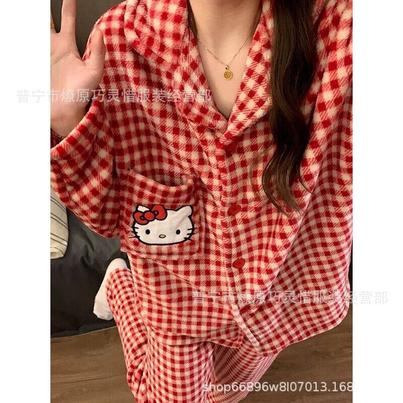 Plaid KT Cat Autumn and Winter Thickened Flannel Long-Sleeve Long-Pants Pajamas for Women Japanese Cute Girl Homewear Set