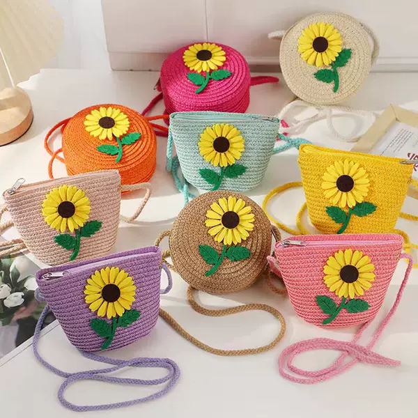 Cross-Border New Style Woven Straw Crossbody Bag, Cute Mini Bag, Children's Coin Purse, Seaside Beach Vacation Bag