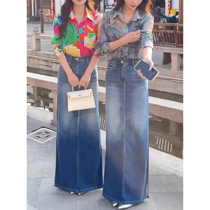 Korean Style High-Waisted Denim Skirt with Slits on Both Sides for Women 2025 New Street Style Women's Popular Mid-Length Skirt This Year
