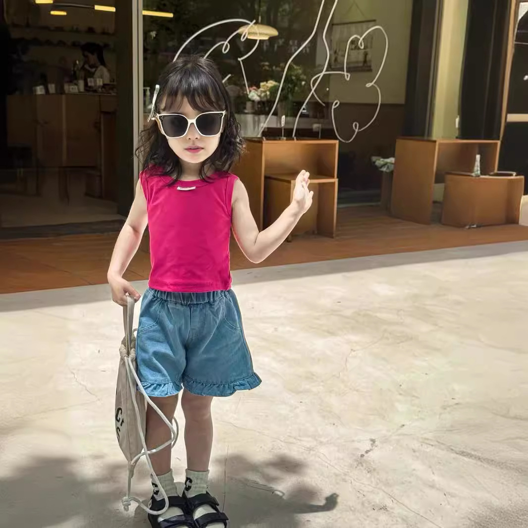 Children's Backless Top 2023 Summer Medium Kids Unisex Baby Korean Style Letter Solid Color Round Neck Short Sleeveless Top