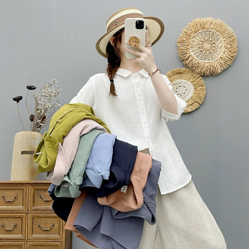 Casual Solid Color Soft Double-Layer Cotton Gauze Half-Sleeve Shirt for Women 2026 Spring and Summer New Casual Top 6602 Casual Solid Color Soft Double-Layer Cotton Gauze Half-Sleeve Shirt for Women 2026 Spring and Summer New Casual Top 6602