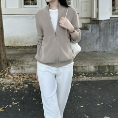 槿一 松弛拉夫girl 修身显瘦纯棉拉链外套女秋冬复古立领毛衣外套
