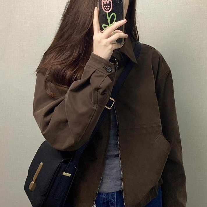 2025 Autumn and Winter New Zipper Cardigan Coffee Color Short Jacket Women's Niche Versatile Maillard Jacket Motorcycle Jacket