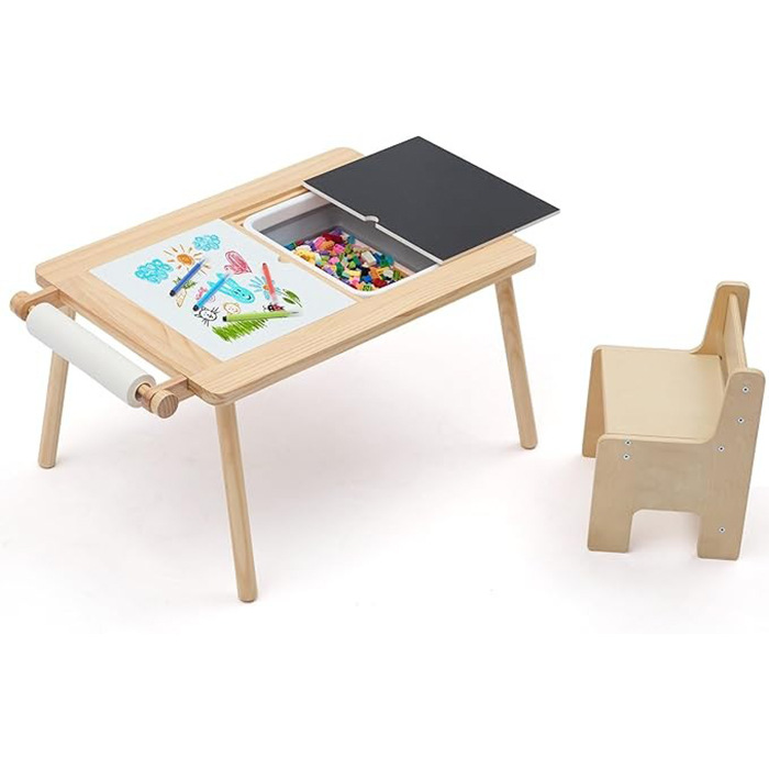 Indoor Outdoor Use Kids Activity Table Stool Children Wood Sensory Table Multifunctional Toddler Play Table with Double Stool