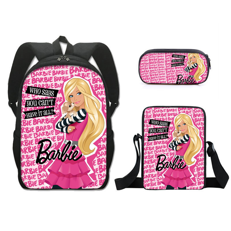 Amazon New Arrival Barbie Princess Schoolbag Three-Piece Set Barbie Single Layer Pencil Case Small Satchel Girl Backpack