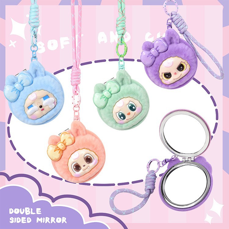 Tela suave 3D estereoscópica de silicona flocado doble espejo plegable pequeño espejo de bolso colgante llavero venta caliente spot