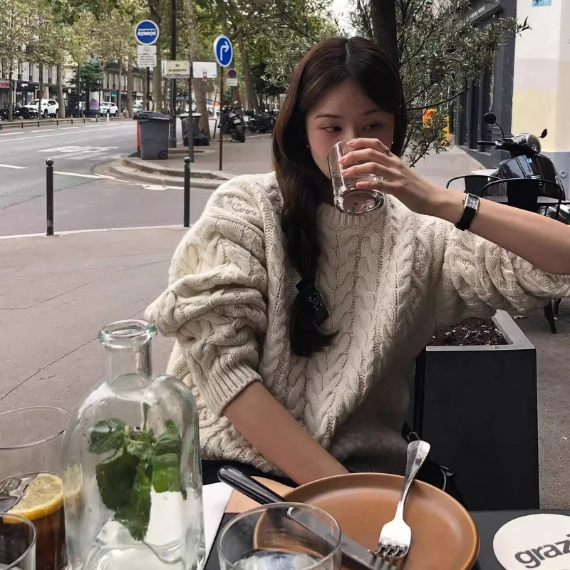 韩系复古浣熊绒米白色麻花毛衣女秋冬加厚宽松慵懒风针织上衣外穿|undefined