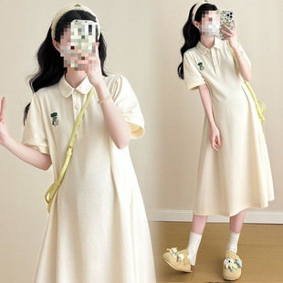 Maternity Wear 2025 Summer New Age-Reducing Slimming Look Embroidered Bag Button Mid-Length Maternity Fashion Lapel Dress