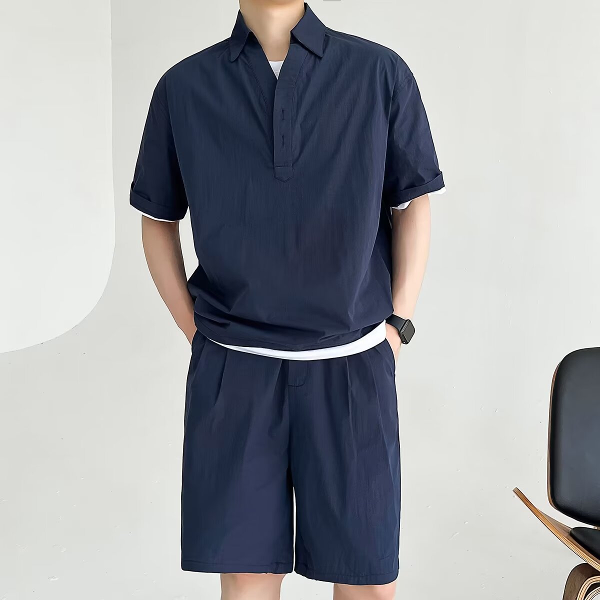 Origen Fabricante Traje deportivo de ocio Camisa de polo de dos piezas de secado rápido de seda de hielo de cinco puntos de manga delgada de verano de manga corta para hombre