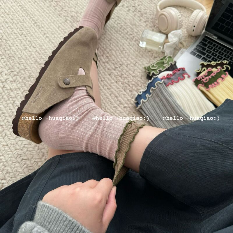 lace socks children's cotton mid-tube socks spring and autumn thin ins trendy Japanese girl color matching cake pile socks autumn