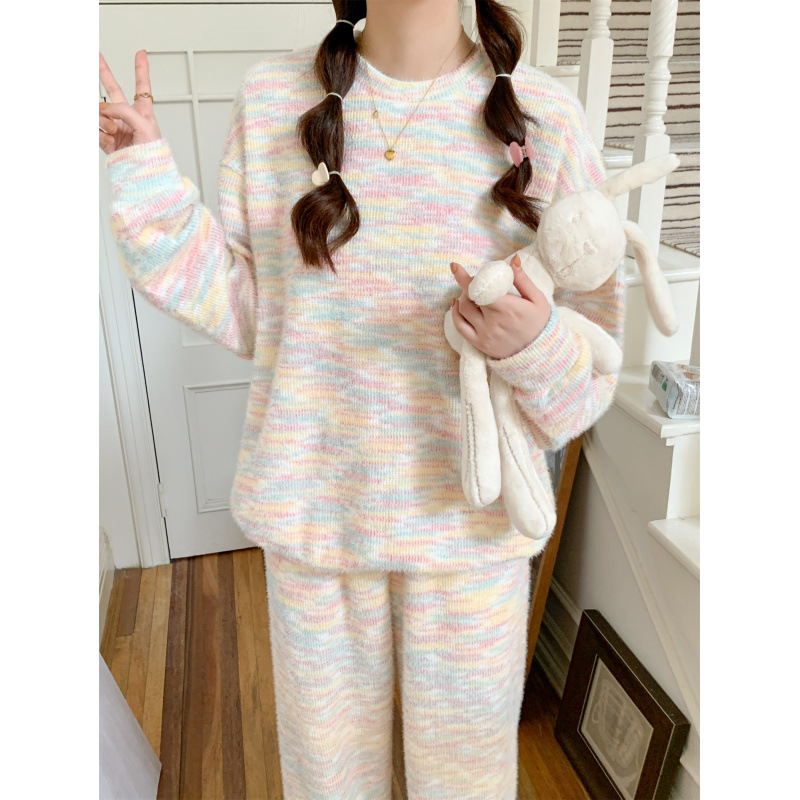 2024 韩国秋季新款睡衣女针织舒适套头休闲长袖长裤家居服
