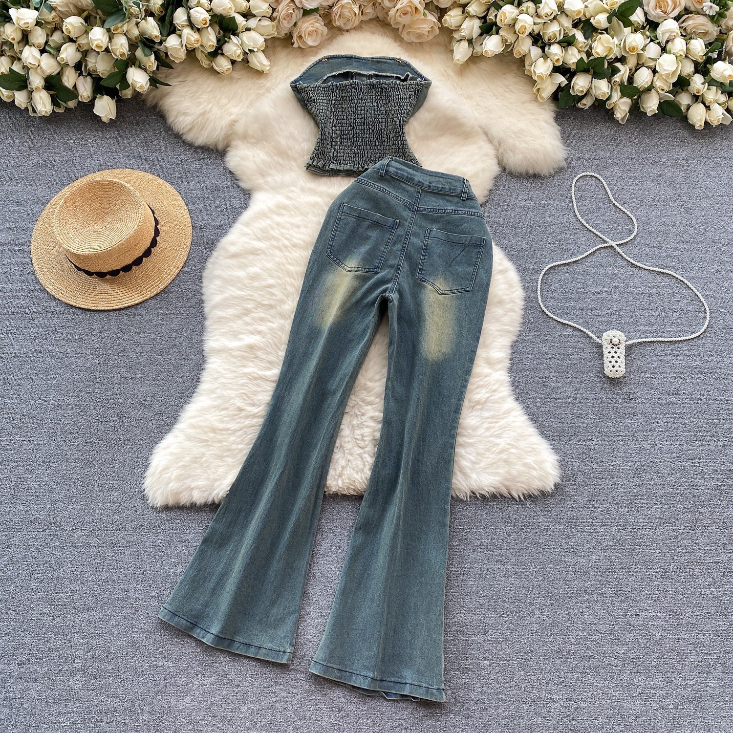Women's Slimming Beaded Denim Suit Sexy Strapless Top High Waist Slightly Flared Length Retro American Two-Piece Outfit_ecoleips.com