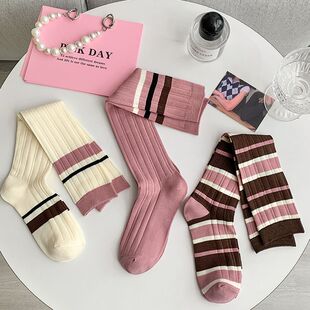 Internet celebrity style pink striped stockings women's knee-length high-top ins trendy spring and autumn Japanese style student jk sweet calf socks