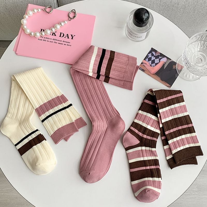 Internet celebrity style pink striped stockings women's knee-length high-top ins trendy spring and autumn Japanese style student jk sweet calf socks