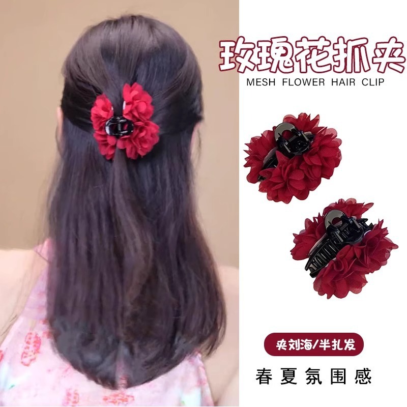 花のようなバラのヘアクリップ、前髪サイドクリップ、7cmフレンチレイジーハーフタイヘアピン|undefined
