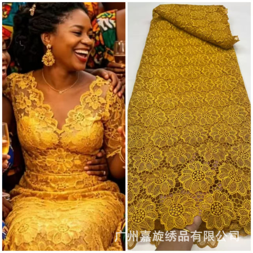 Tela de encaje africana con bordado de girasoles huecos, soluble en agua, para vestidos de moda femenina, encaje seco para mujer image 1