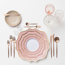 歐式陶瓷盤 太陽花系列粉色金邊盤 婚禮酒店餐廳西餐餐盤套裝
