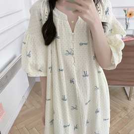 韩版夏装纯棉双层纱家居服蓝色蝴蝶结波点珍珠扣睡裙连衣裙睡衣女