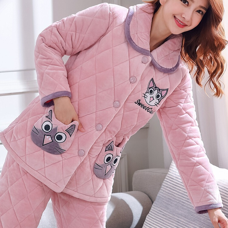 Pajamas for Women in Autumn and Winter Three-Layer Thickeneded Coral Velvet Quilted Jacket Fleece-Lined to Heattech New Flannel Home Wear Set