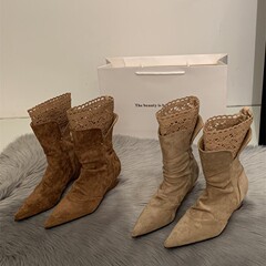 马丁靴女2025秋季新款废土风蕾丝尖头坡跟短靴女西部牛仔靴堆堆靴